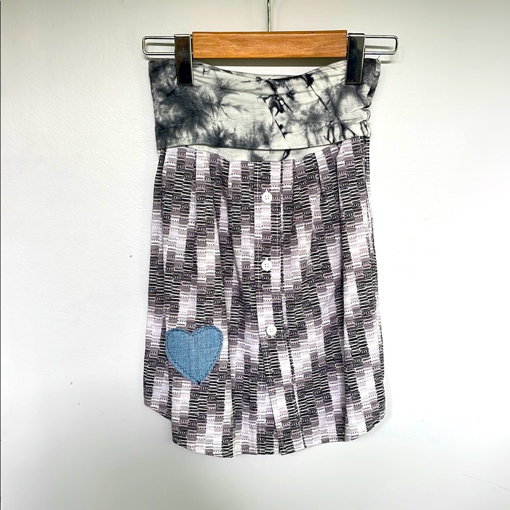 Black and White Patterned Skirt with Blue Heart Patch